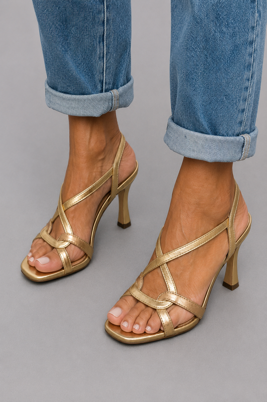 Susan | Sandalias de Tacón Doradas con Tiras