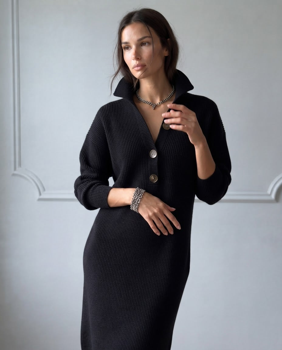 Vestido Midi de Punto Acanalado con Cuello Alto y Botones