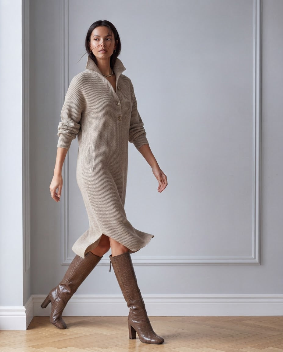 Vestido Midi de Punto Acanalado con Cuello Alto y Botones